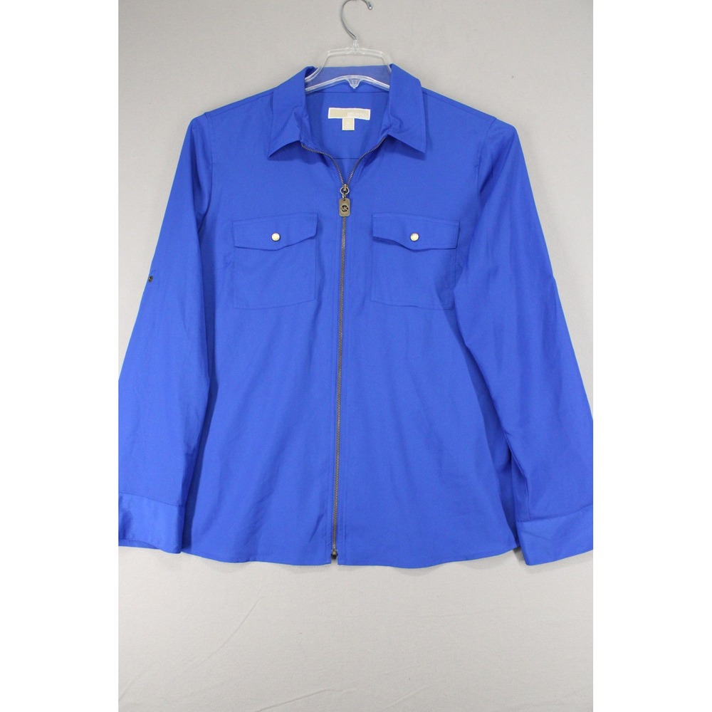 Michael Kors Zip Utility Shirt Womens XL Blue Polyester Roll Tab Minimalist